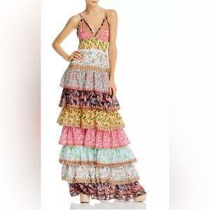 Alice + Olivia Imogene Mixed Print Multicolor Tiered Ruffle Maxi Dress sz 6 EUC